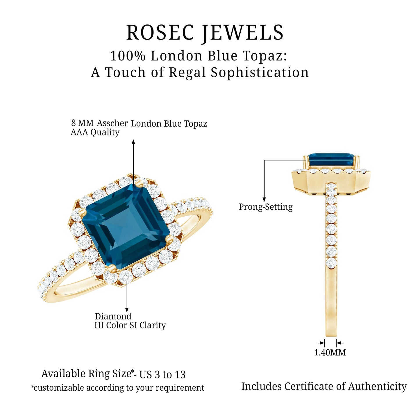 8mm Asscher Cut London Blue Topaz Vintage Engagement Ring with Diamond Halo