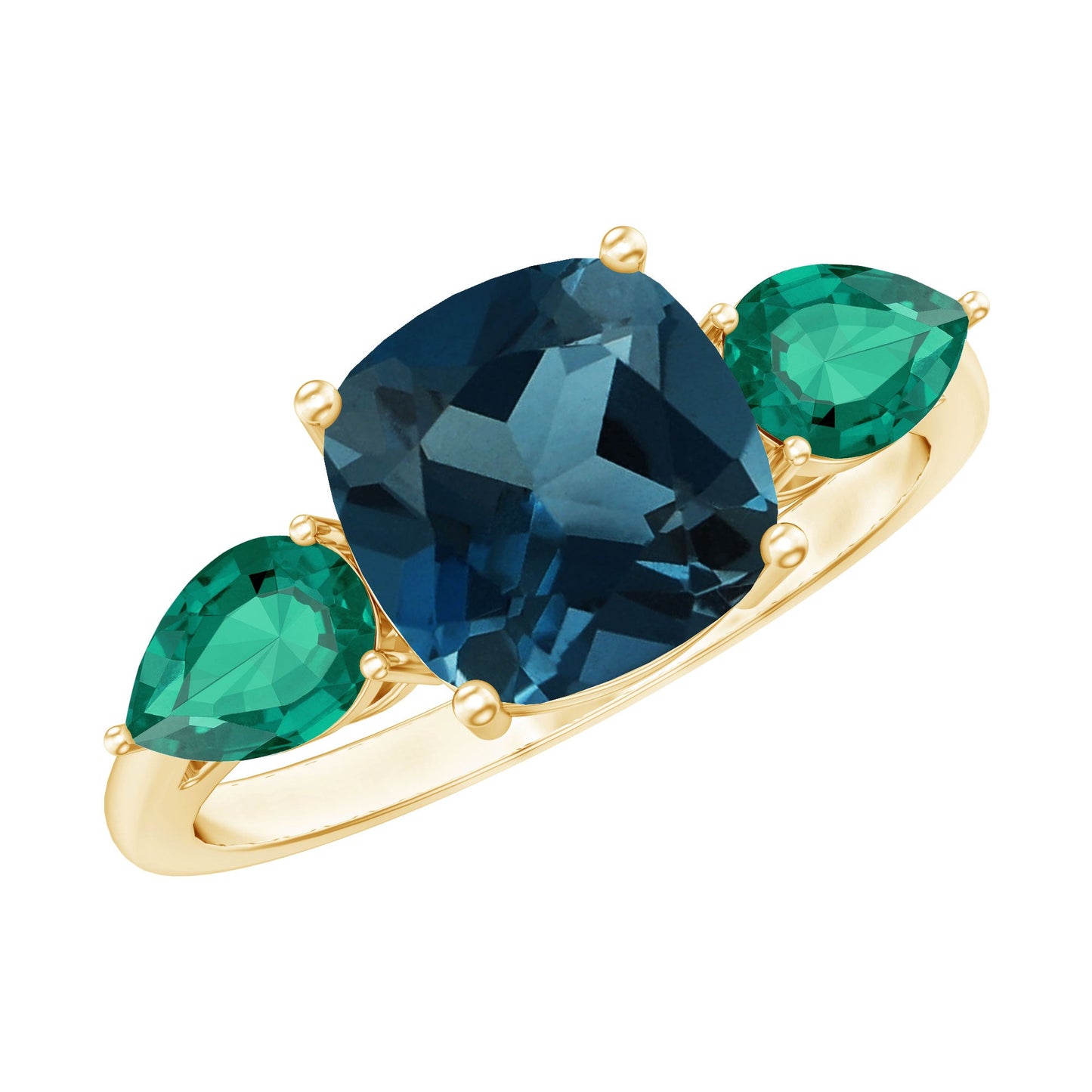 8mm Cushion Shape London Blue Topaz Three Stone Engagement Ring with Lab Emerald