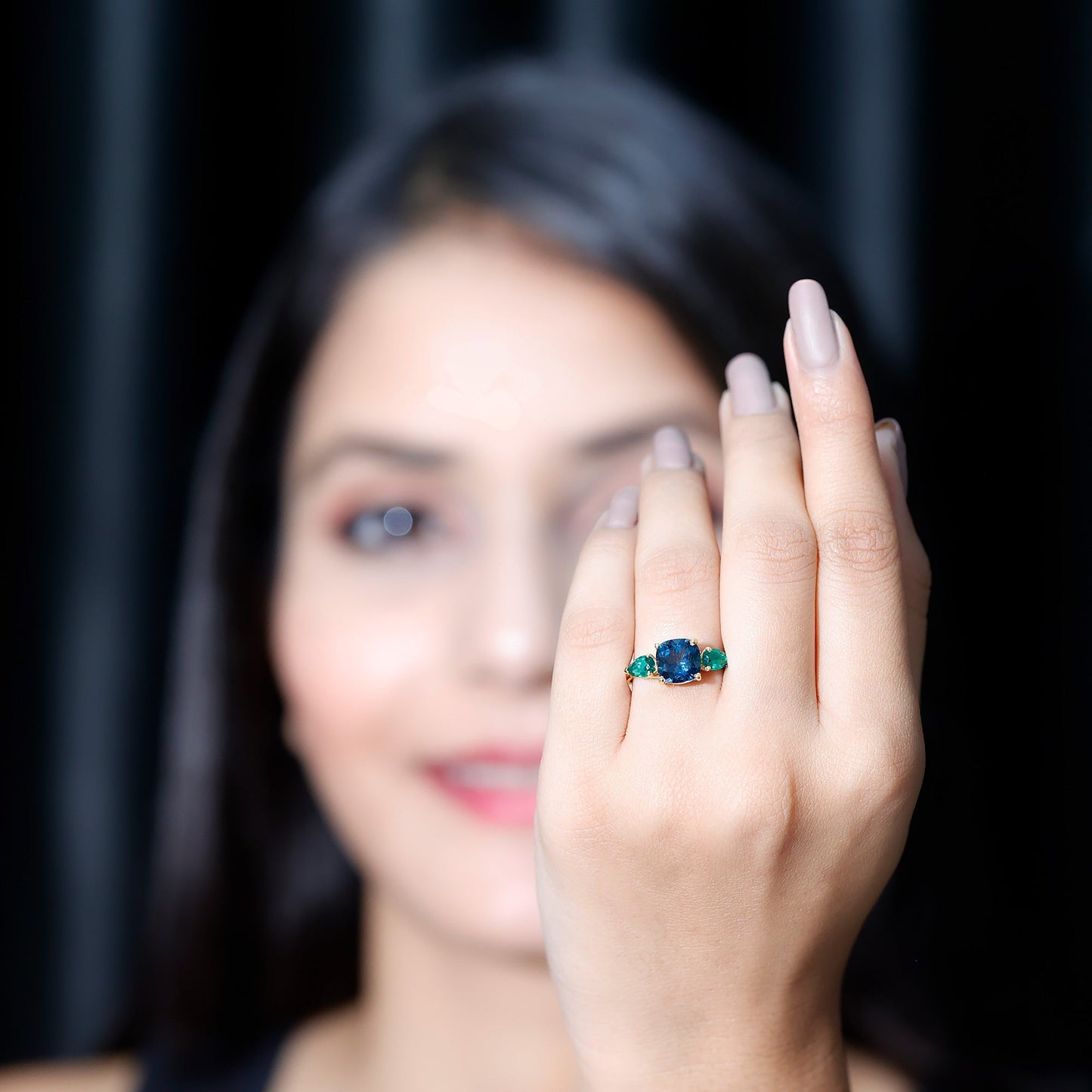 8mm Cushion Shape London Blue Topaz Three Stone Engagement Ring with Lab Emerald