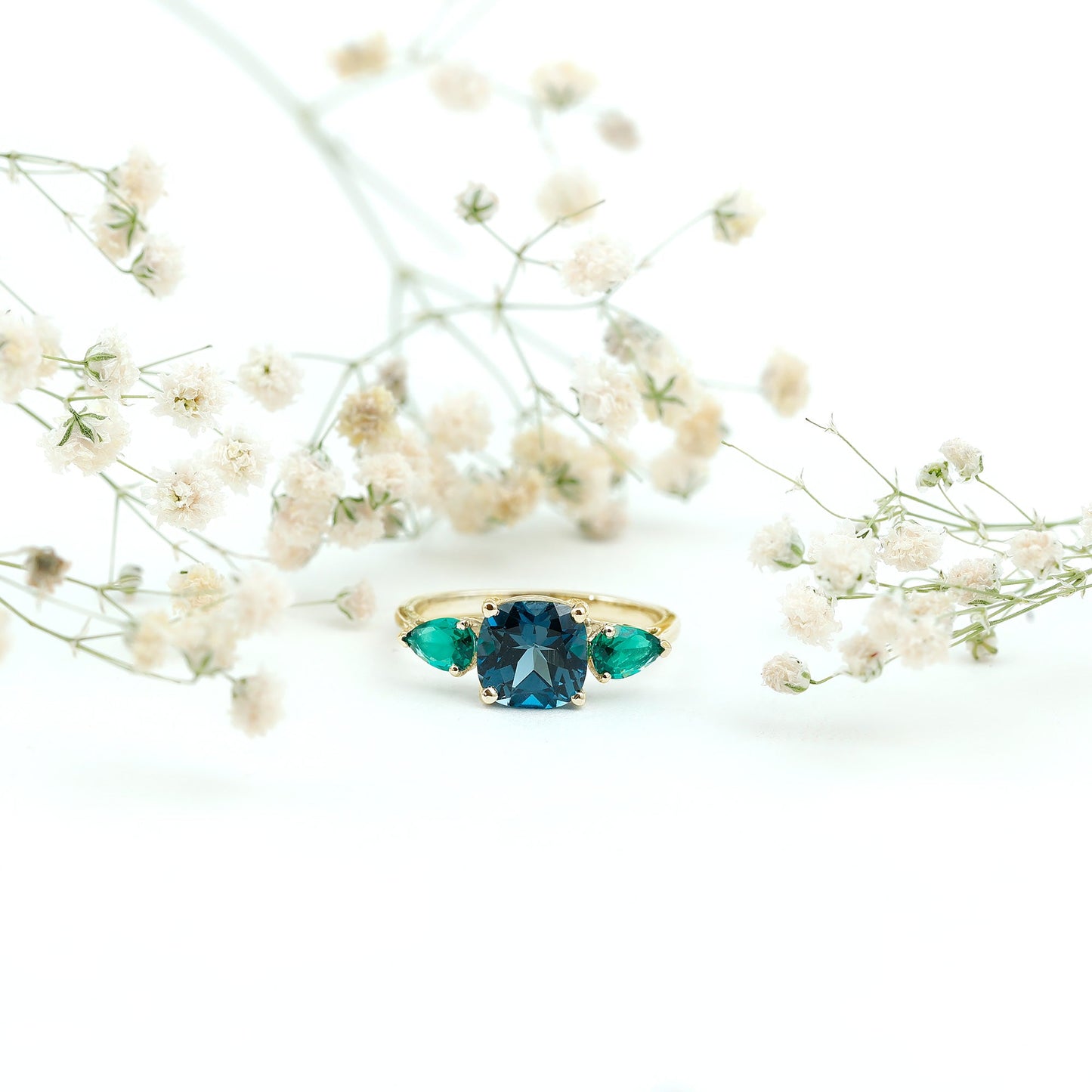 8mm Cushion Shape London Blue Topaz Three Stone Engagement Ring with Lab Emerald