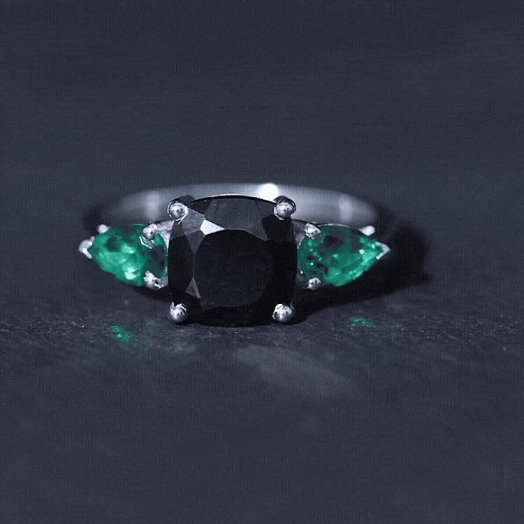 Certified Lab Grown Black Diamond 3 Stone Engagement Ring with Emerald
