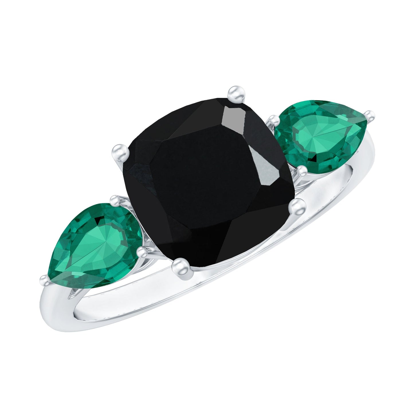 Certified Lab Grown Black Diamond 3 Stone Engagement Ring with Emerald