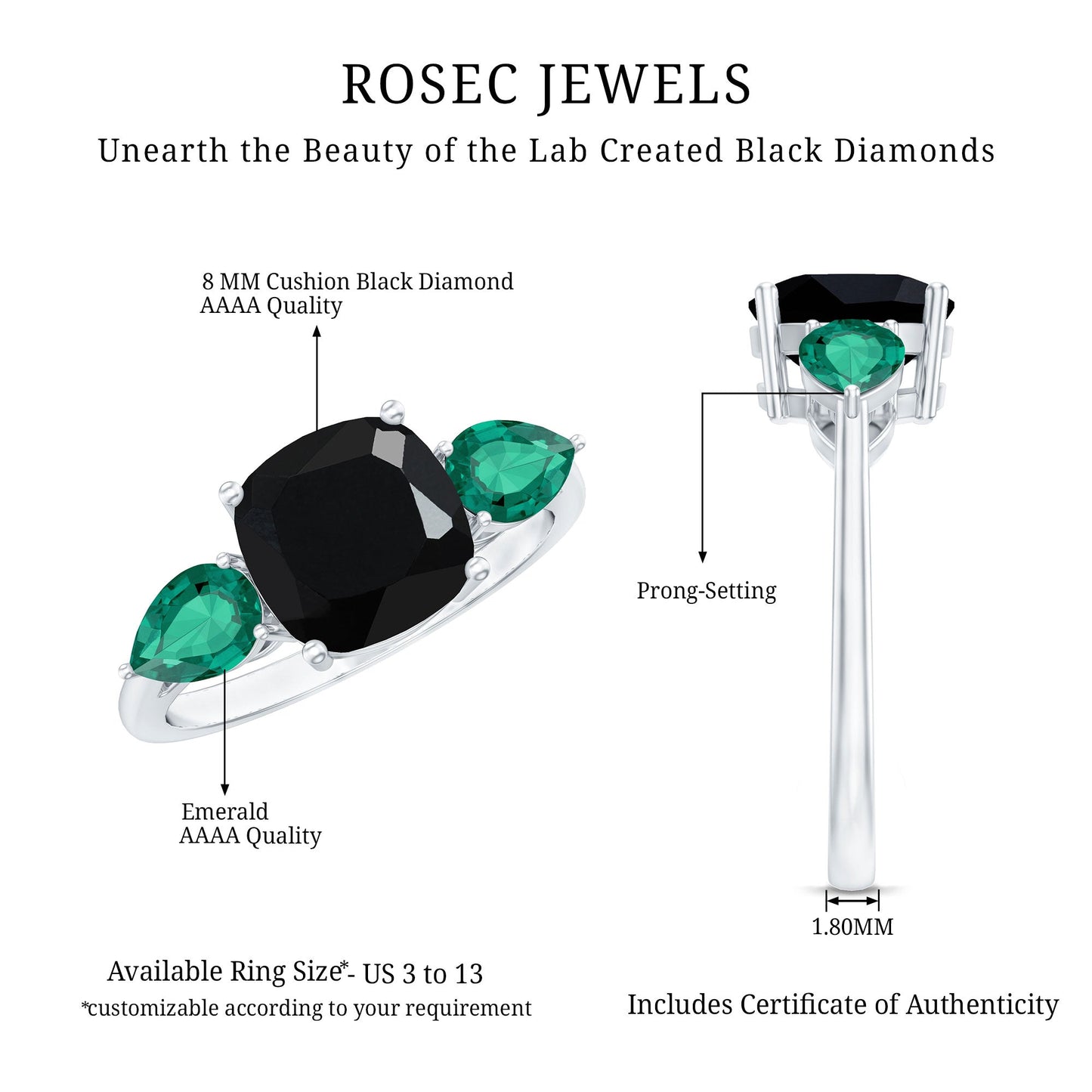 Certified Lab Grown Black Diamond 3 Stone Engagement Ring with Emerald
