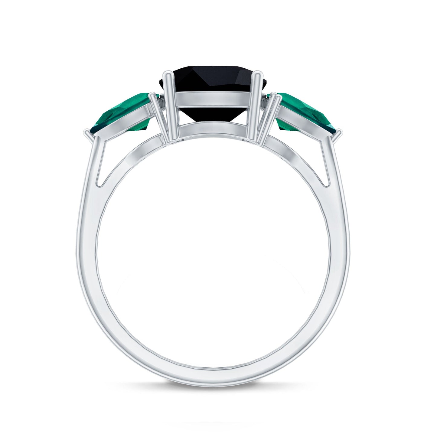 Certified Lab Grown Black Diamond 3 Stone Engagement Ring with Emerald