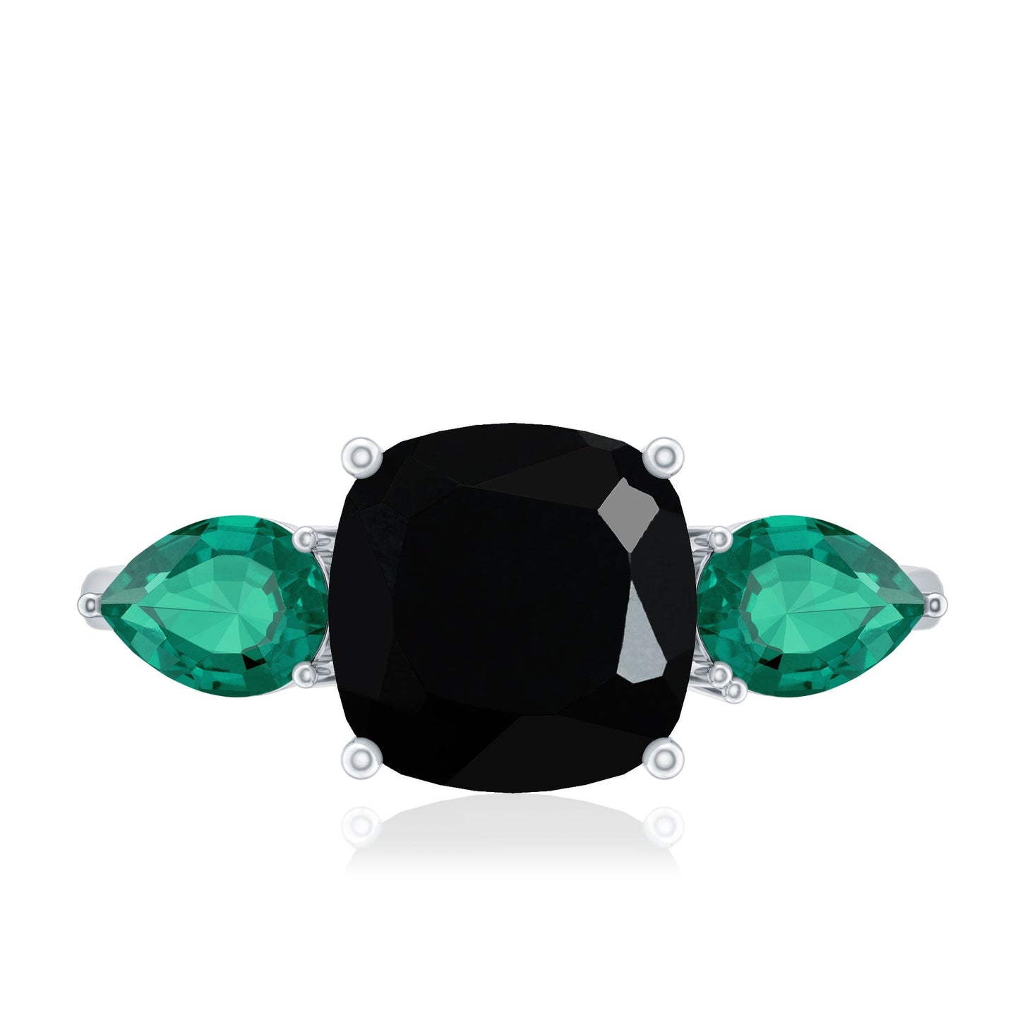 Certified Lab Grown Black Diamond 3 Stone Engagement Ring with Emerald