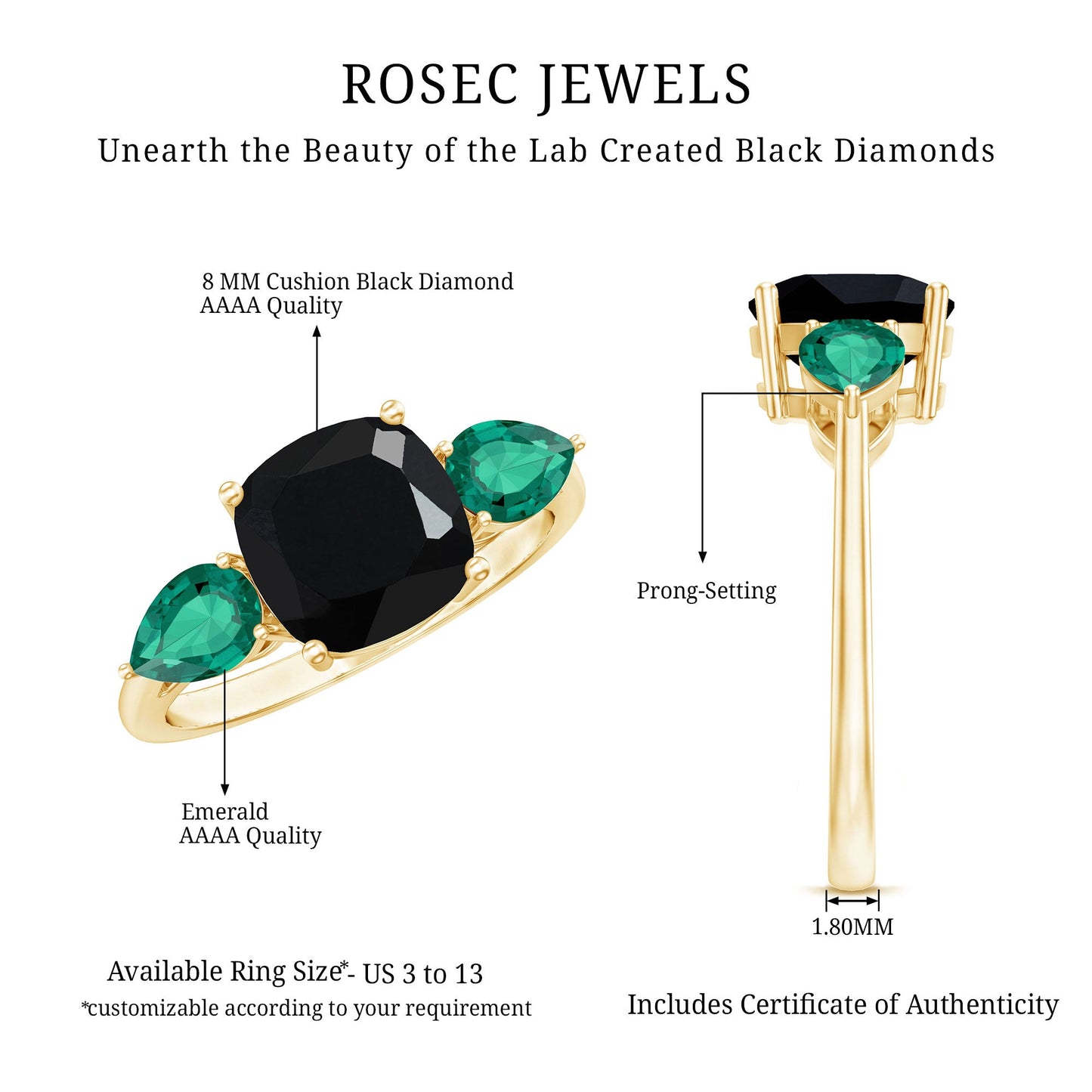 Certified Lab Grown Black Diamond 3 Stone Engagement Ring with Emerald