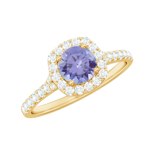 Genuine Tanzanite Halo Engagement Ring with Diamond