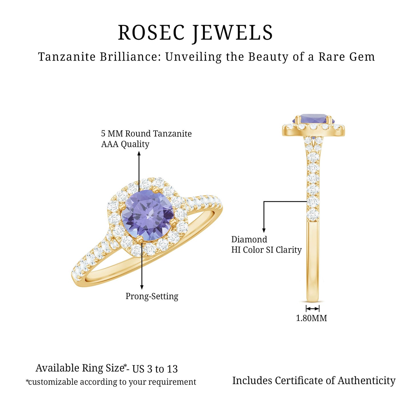 Genuine Tanzanite Halo Engagement Ring with Diamond