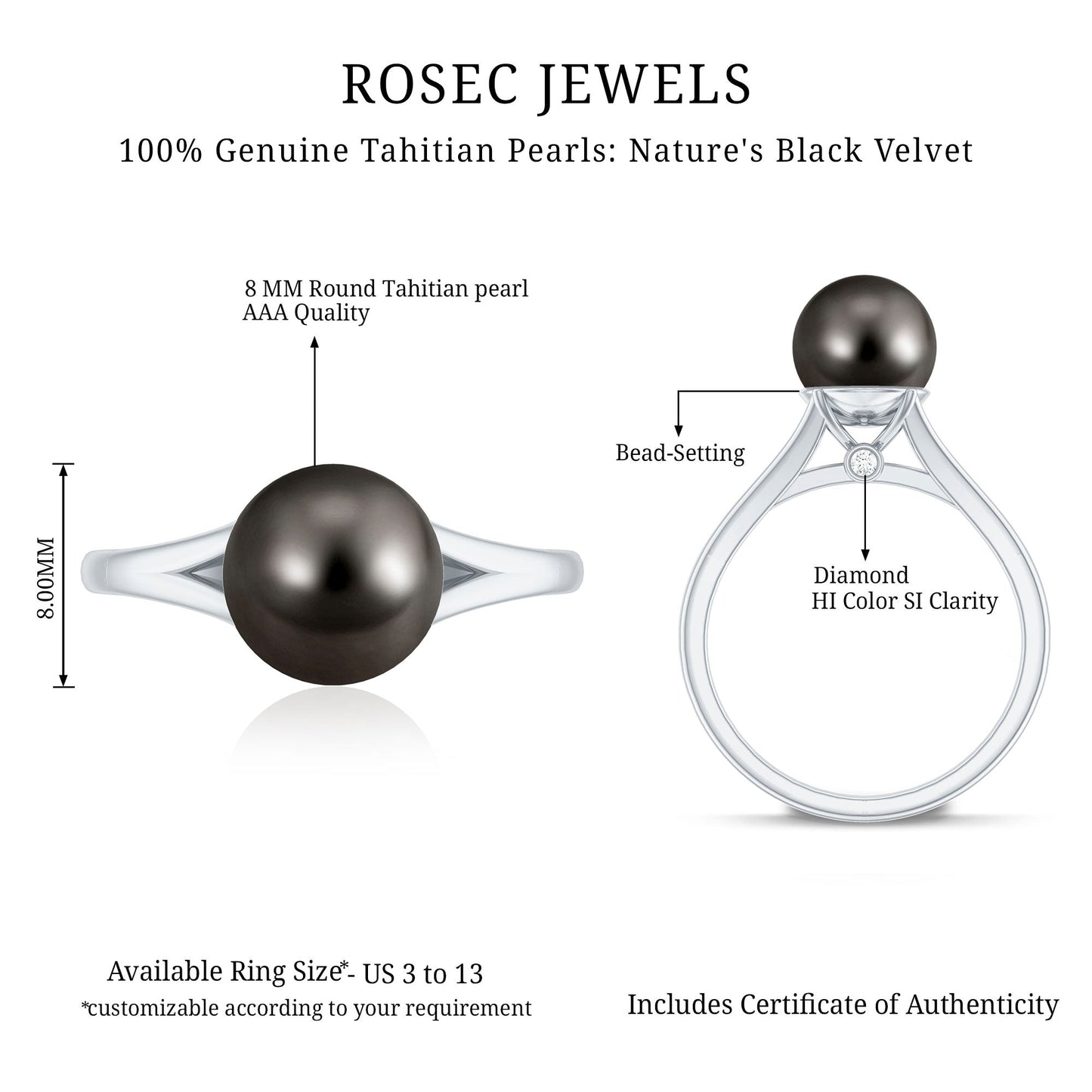 Genuine 8 Carat Tahitian Black Pearl Cathedral Engagement Ring with Split Shank