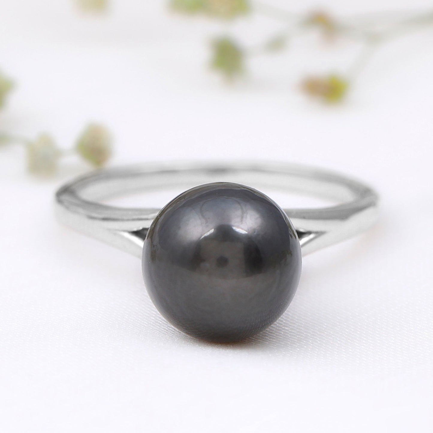 Genuine 8 Carat Tahitian Black Pearl Cathedral Engagement Ring with Split Shank