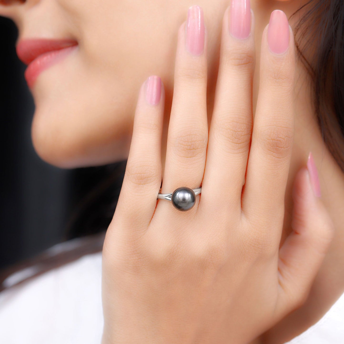 Genuine 8 Carat Tahitian Black Pearl Cathedral Engagement Ring with Split Shank