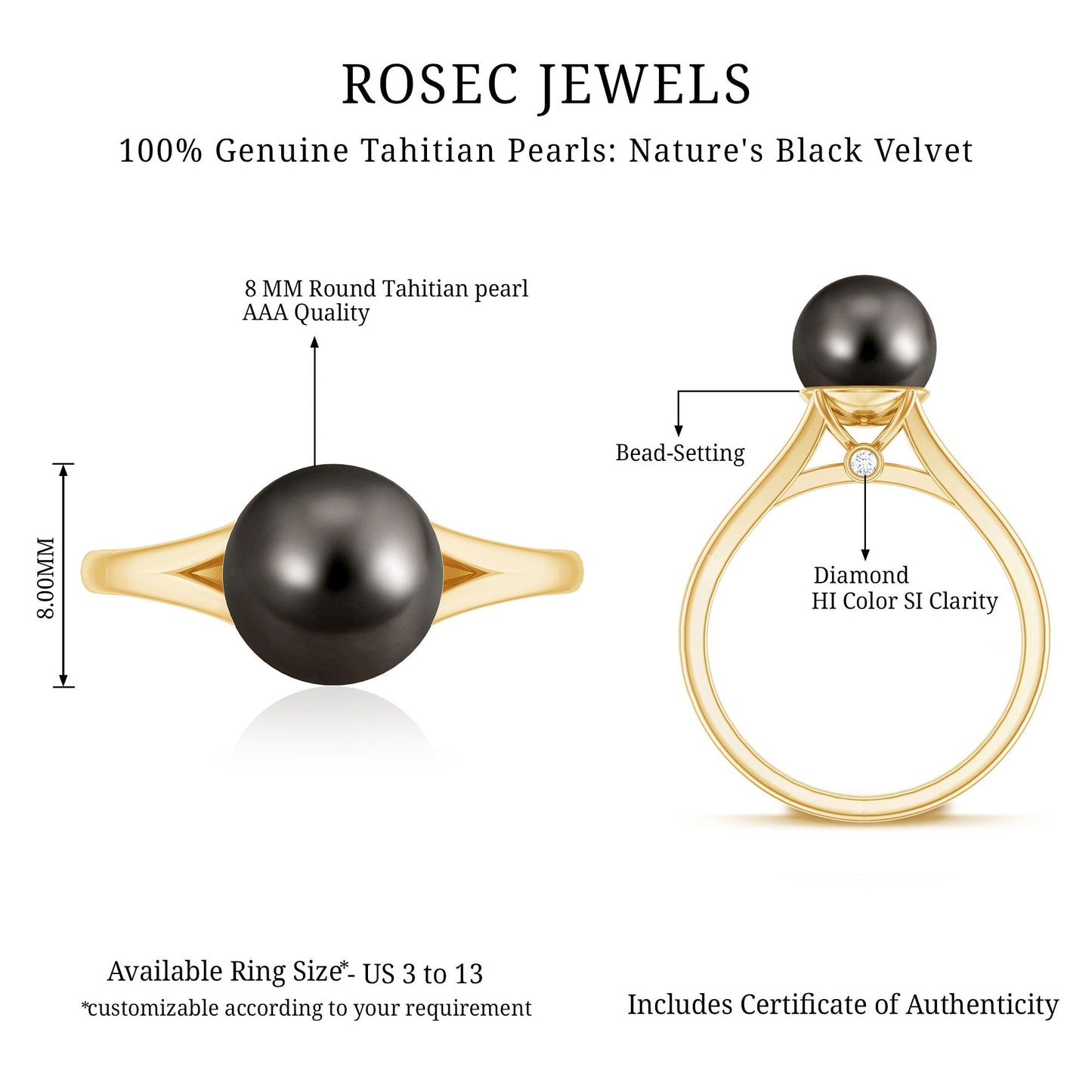 Genuine 8 Carat Tahitian Black Pearl Cathedral Engagement Ring with Split Shank
