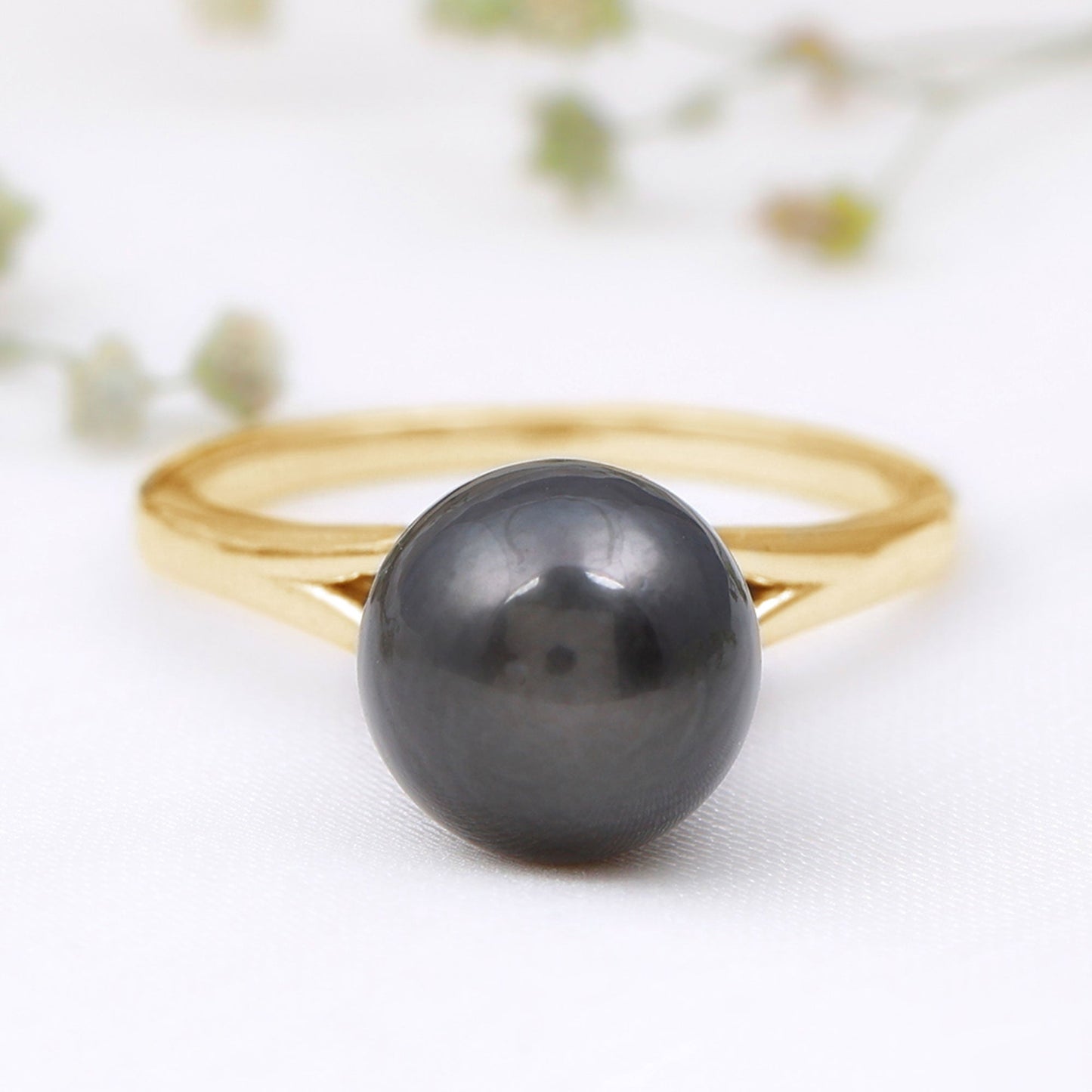 Genuine 8 Carat Tahitian Black Pearl Cathedral Engagement Ring with Split Shank