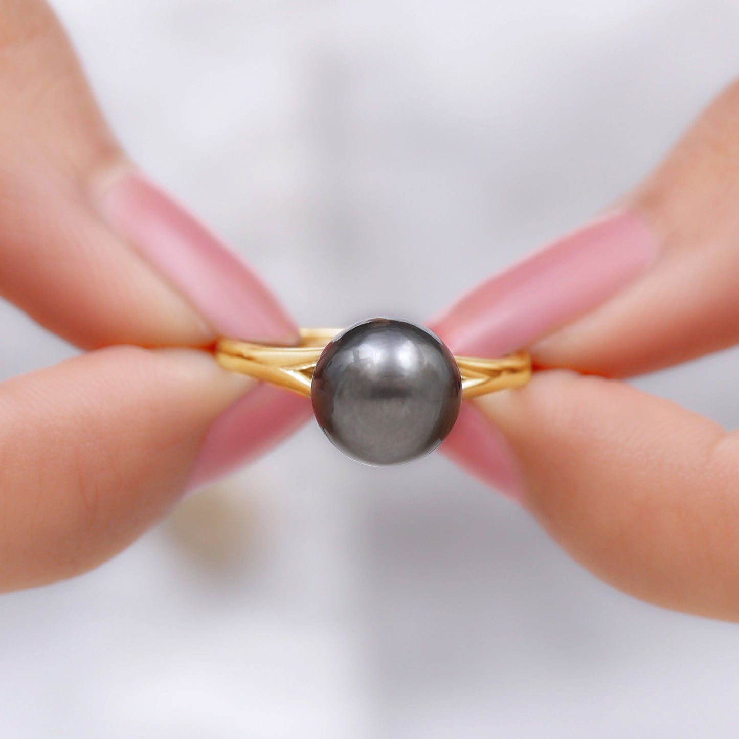 Genuine 8 Carat Tahitian Black Pearl Cathedral Engagement Ring with Split Shank