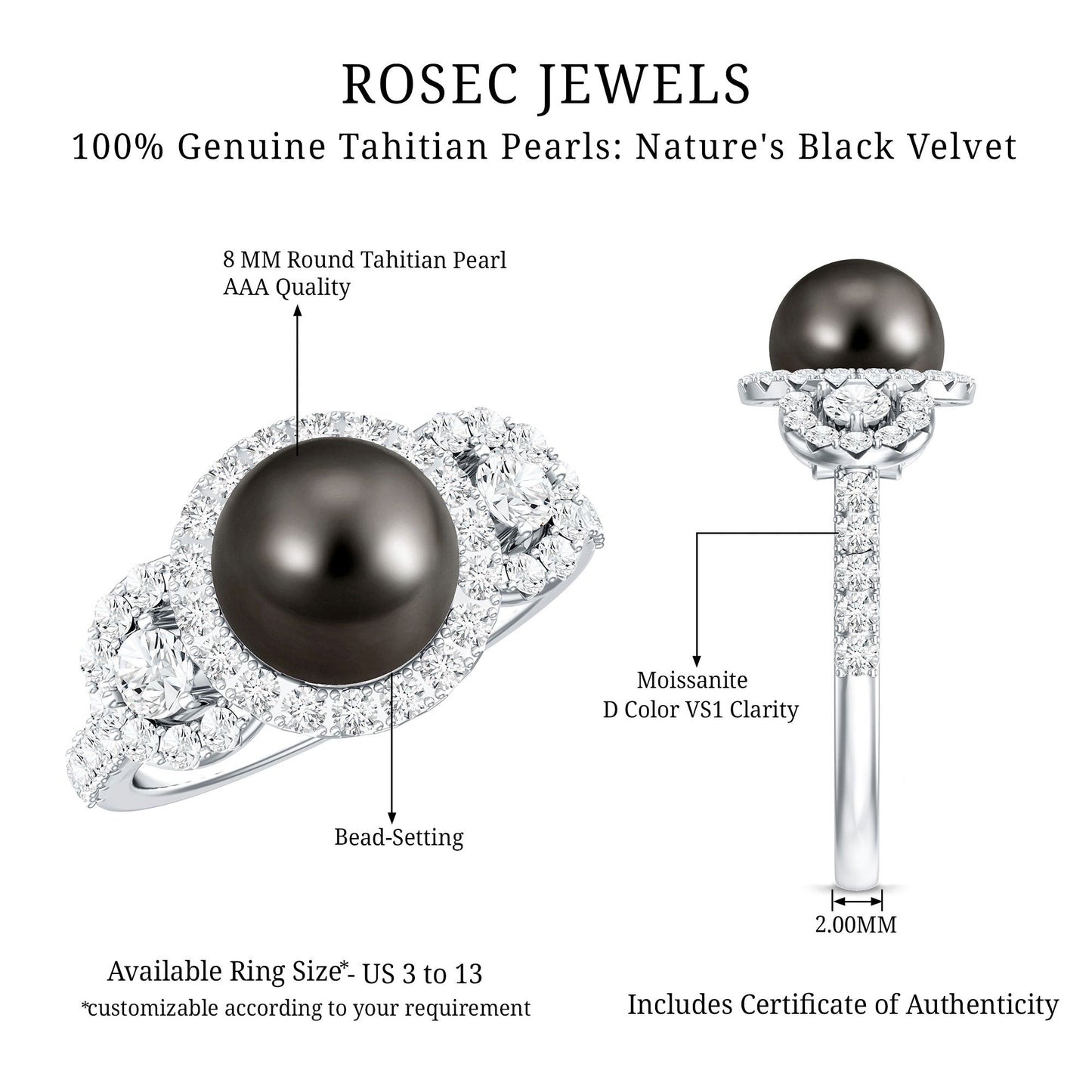 8 MM Round Black Pearl Engagement Ring with Moissanite Accent