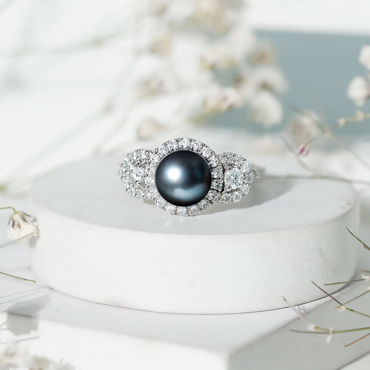 8 MM Round Black Pearl Engagement Ring with Moissanite Accent