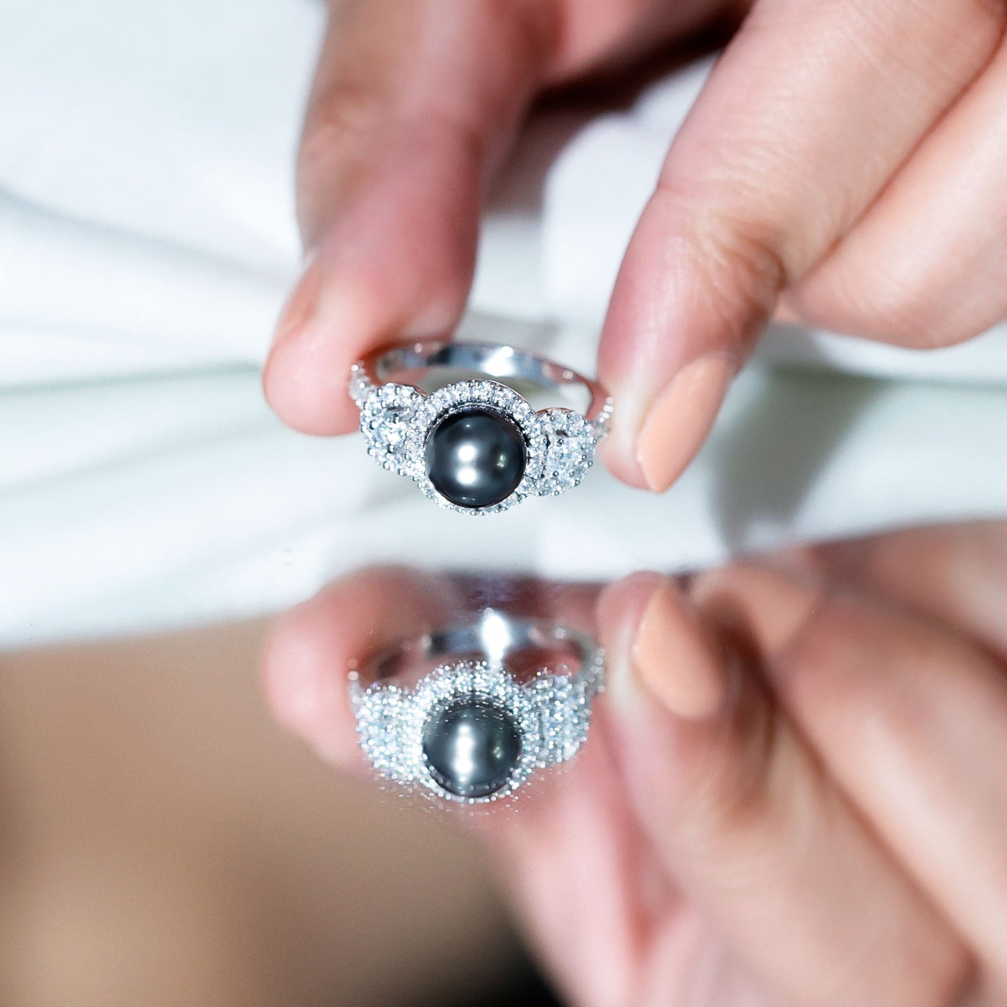 8 MM Round Black Pearl Engagement Ring with Moissanite Accent