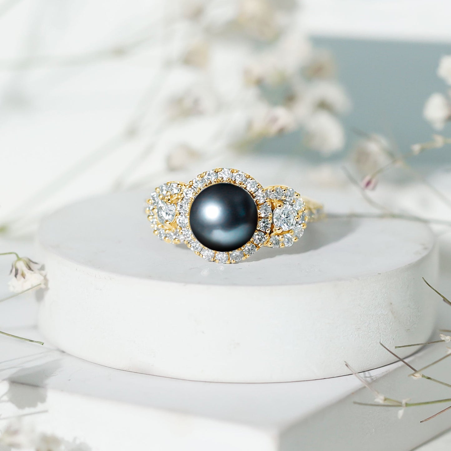 8 MM Round Black Pearl Engagement Ring with Moissanite Accent