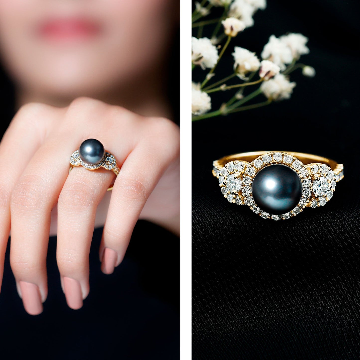 8 MM Round Black Pearl Engagement Ring with Moissanite Accent