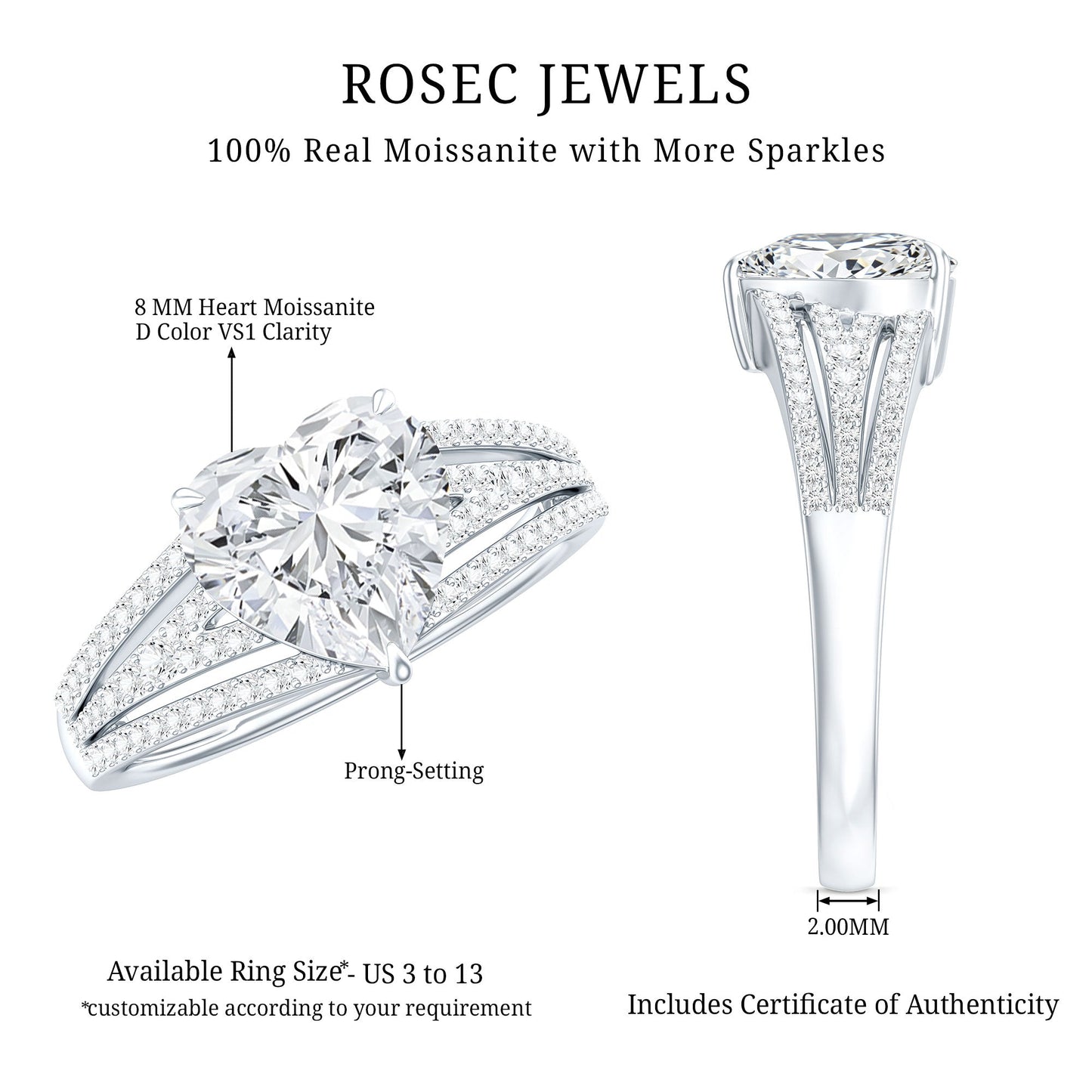 8 MM Moissanite Heart Designer Engagement Ring with Split Shank