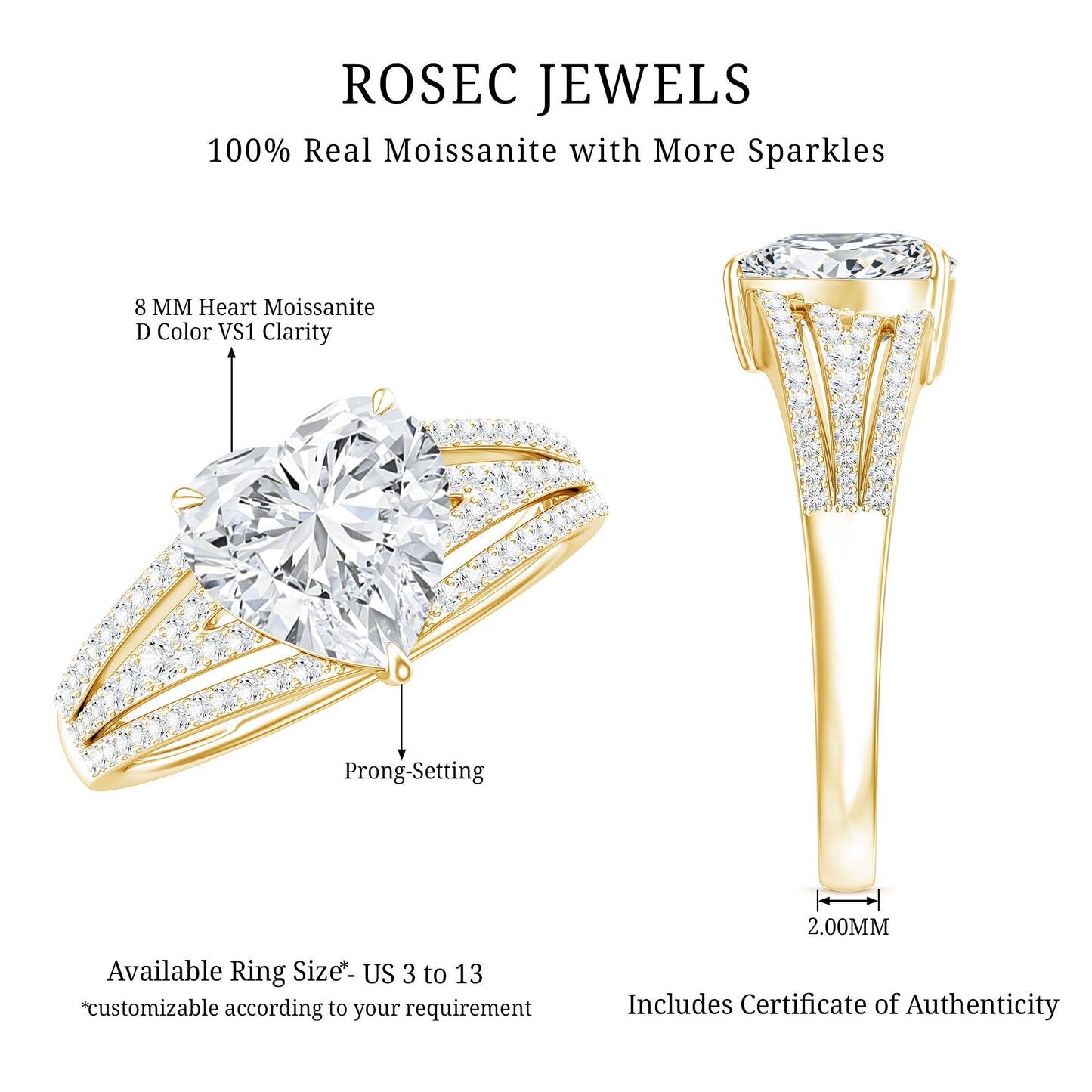 8 MM Moissanite Heart Designer Engagement Ring with Split Shank