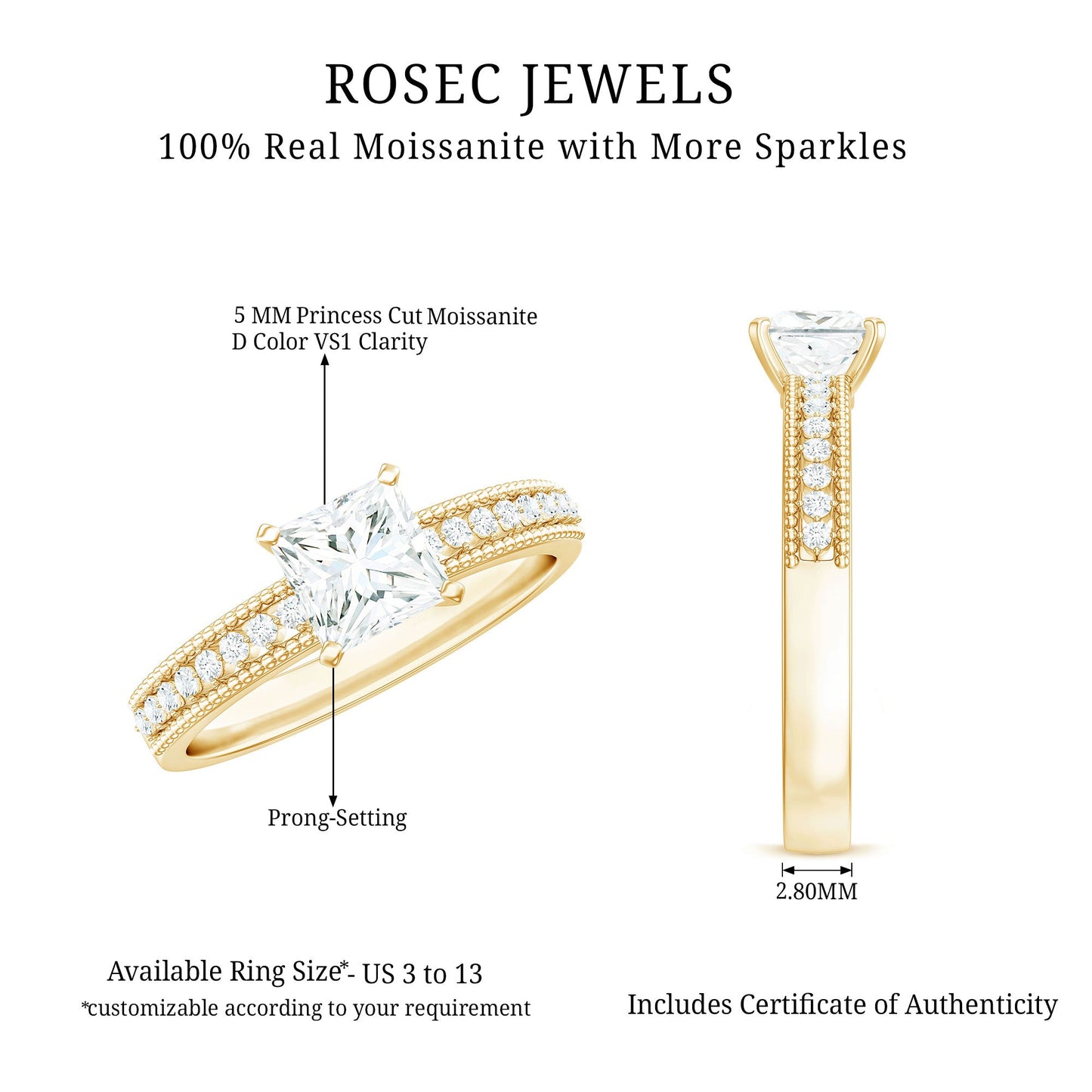 Moissanite Solitaire Engagement Ring with Princess Cut