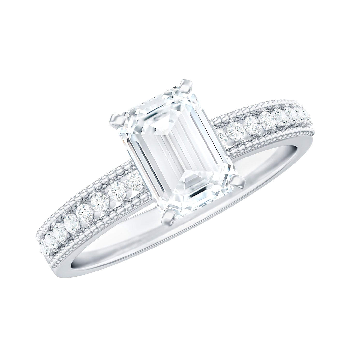 6X8 mm Emerald Cut Moissanite Solitaire Engagement Ring with Beaded Details