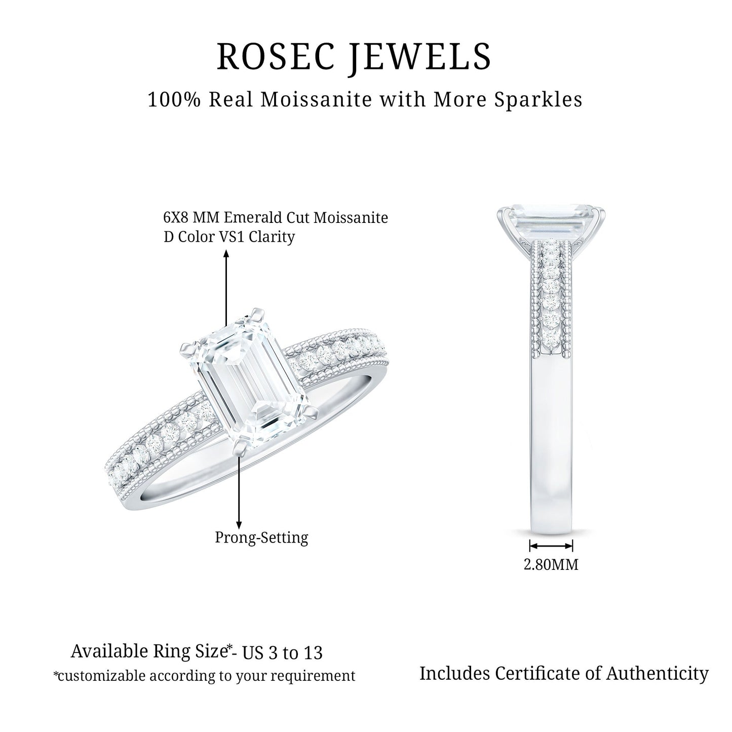 6X8 mm Emerald Cut Moissanite Solitaire Engagement Ring with Beaded Details
