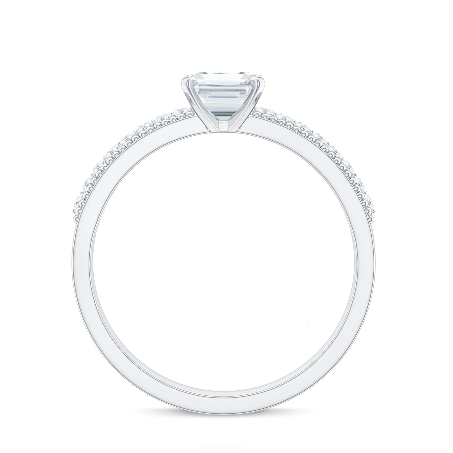 6X8 mm Emerald Cut Moissanite Solitaire Engagement Ring with Beaded Details