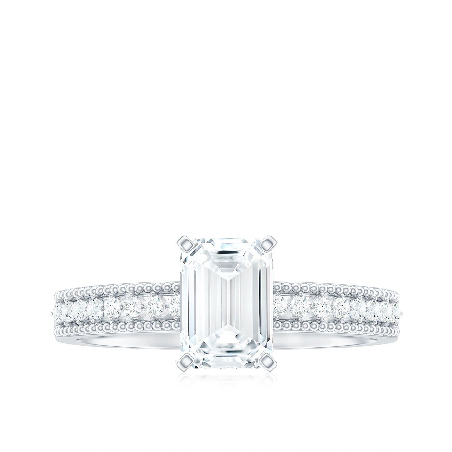 6X8 mm Emerald Cut Moissanite Solitaire Engagement Ring with Beaded Details