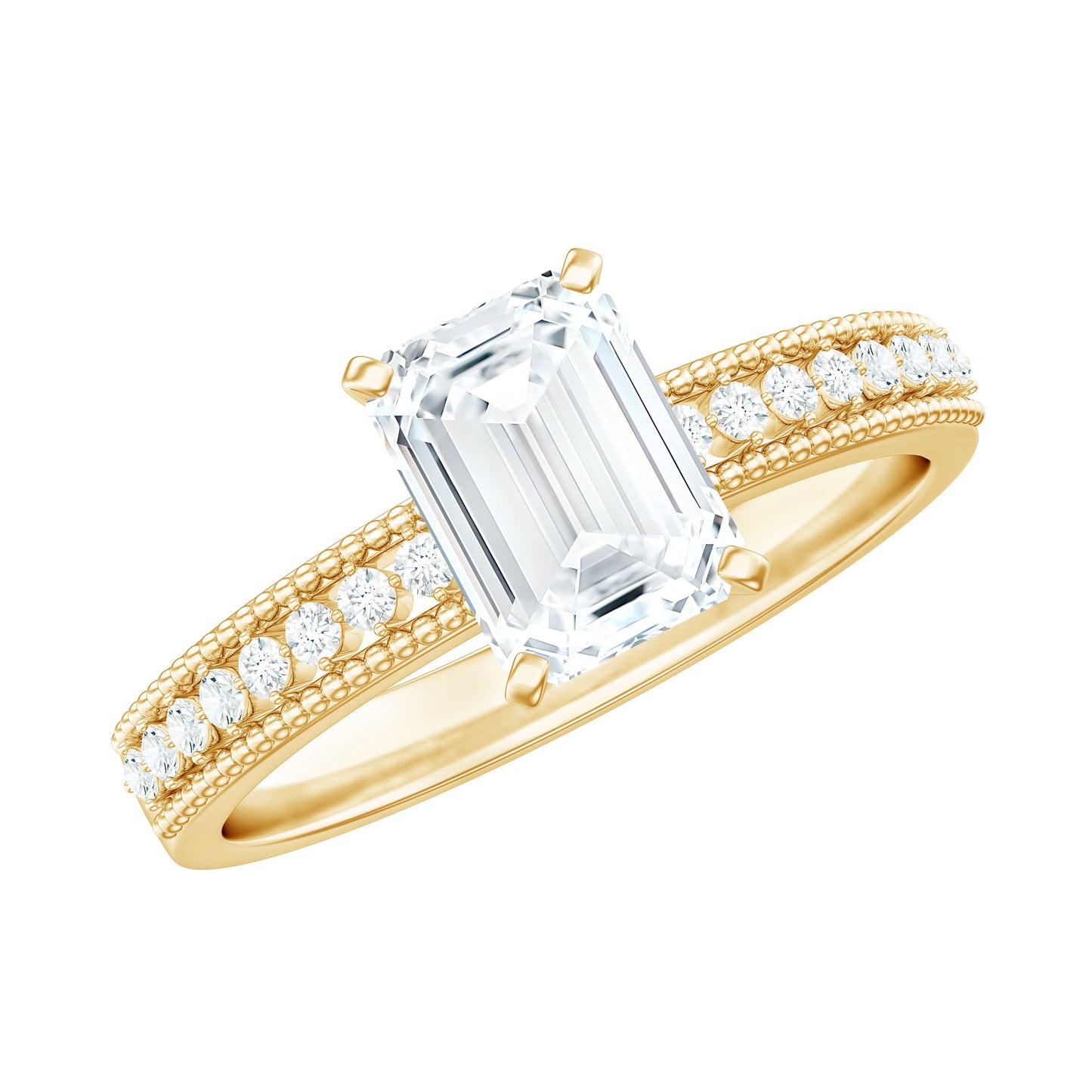 6X8 mm Emerald Cut Moissanite Solitaire Engagement Ring with Beaded Details