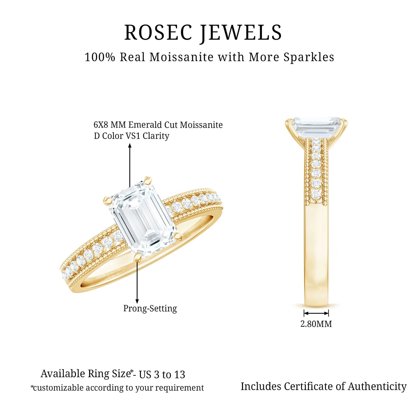 6X8 mm Emerald Cut Moissanite Solitaire Engagement Ring with Beaded Details