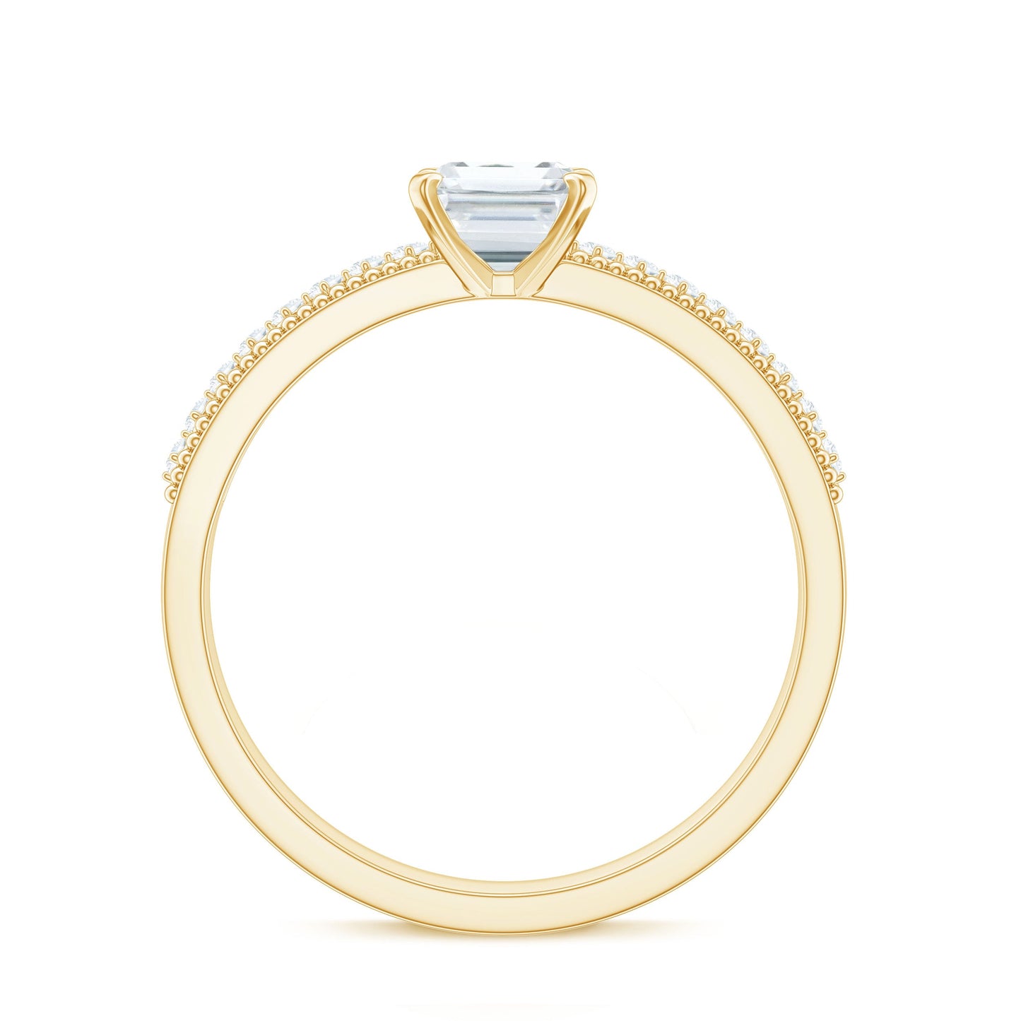 6X8 mm Emerald Cut Moissanite Solitaire Engagement Ring with Beaded Details