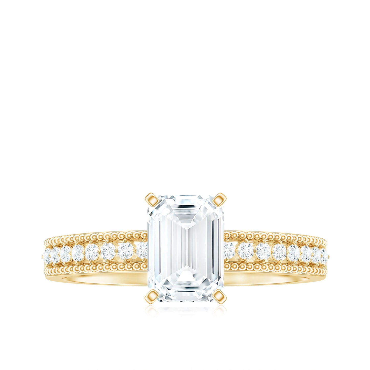6X8 mm Emerald Cut Moissanite Solitaire Engagement Ring with Beaded Details