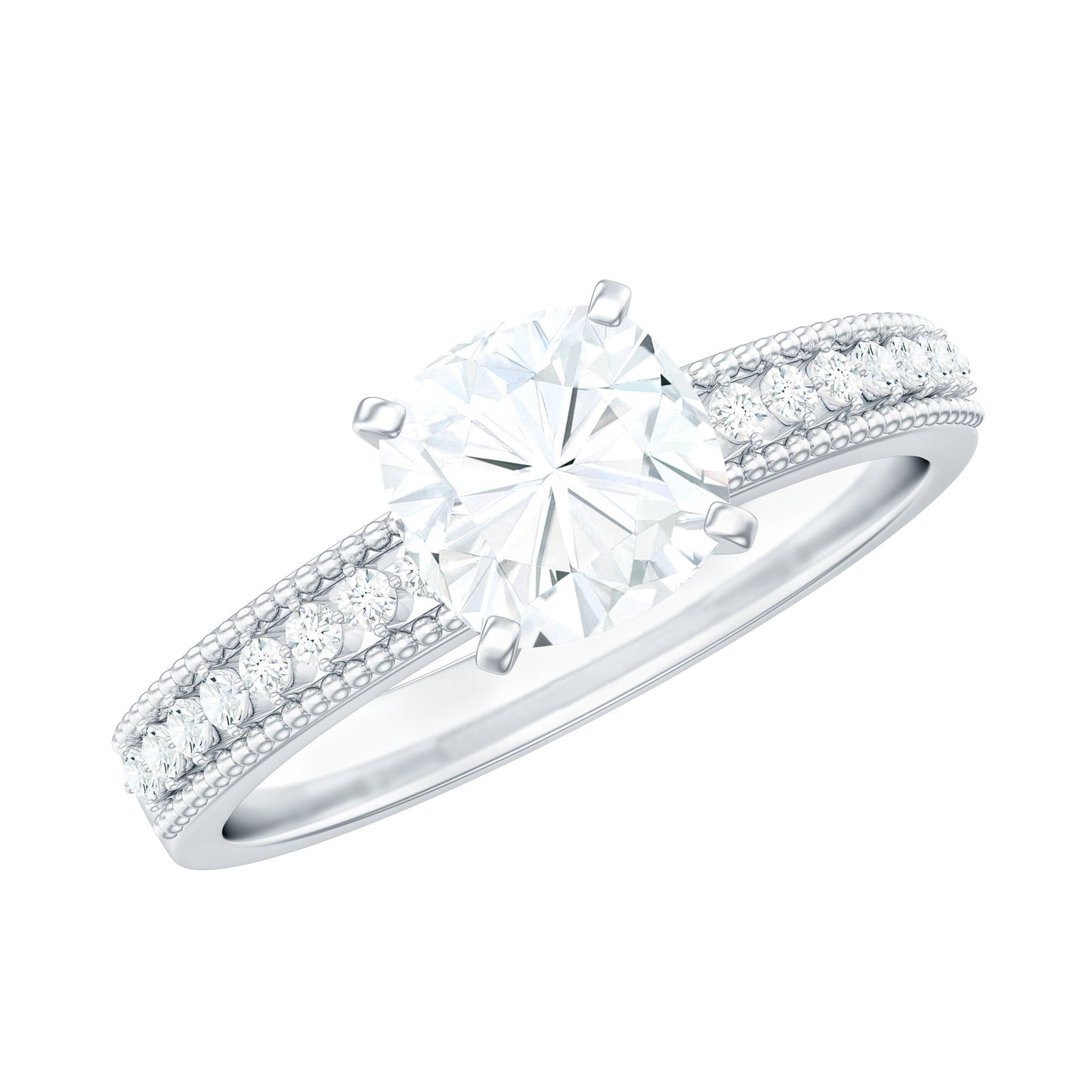 6mm Cushion Cut Moissanite Solitaire Engagement Ring with Beaded Details