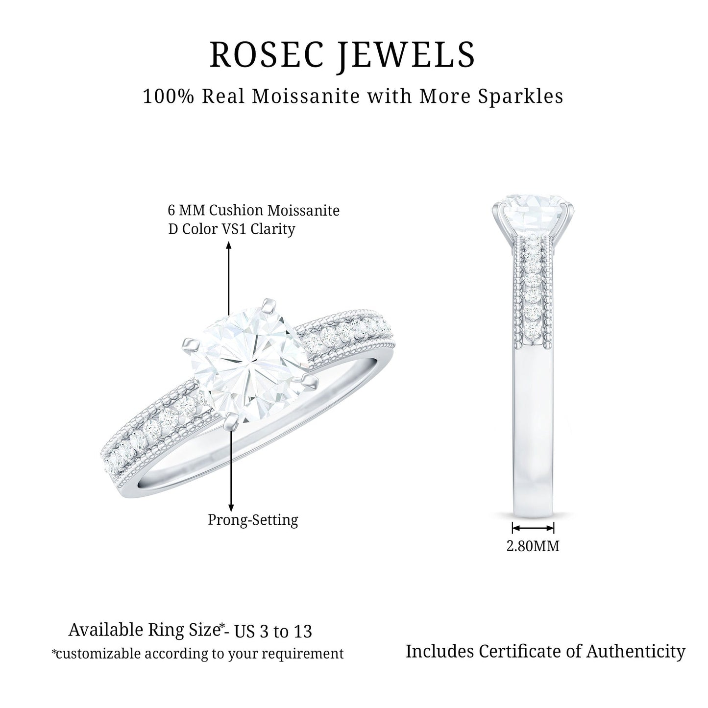 6mm Cushion Cut Moissanite Solitaire Engagement Ring with Beaded Details