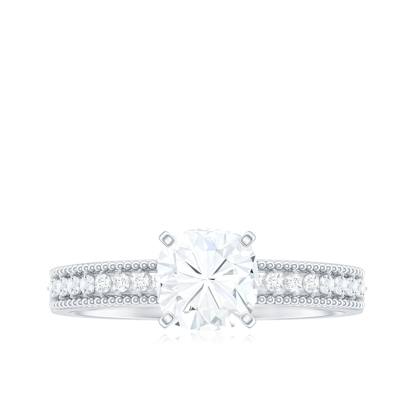 6mm Cushion Cut Moissanite Solitaire Engagement Ring with Beaded Details