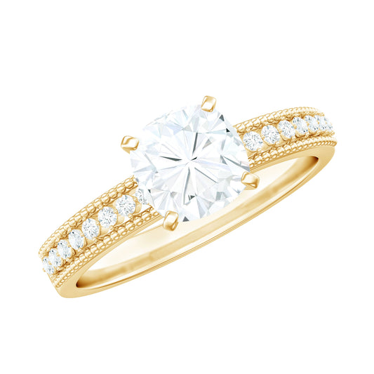 6mm Cushion Cut Moissanite Solitaire Engagement Ring with Beaded Details