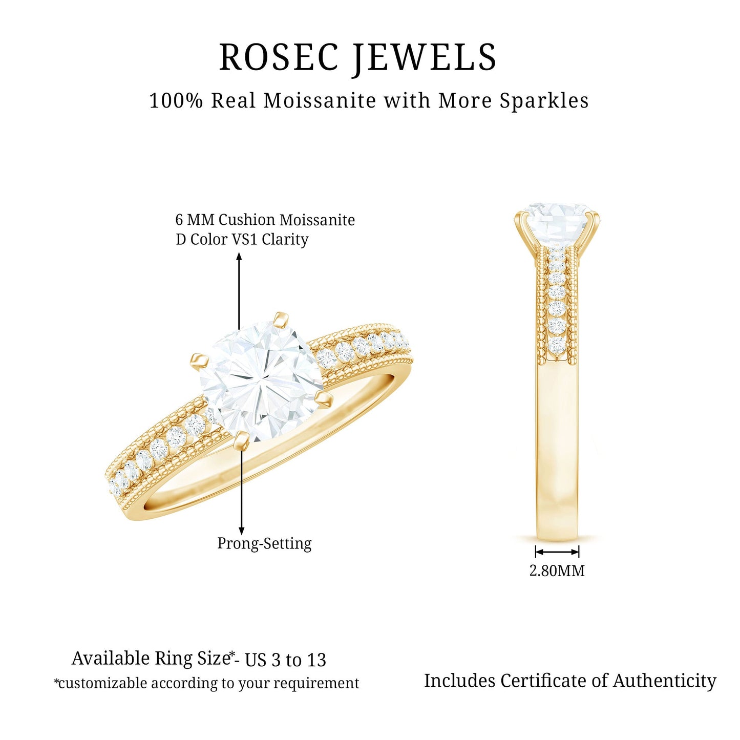 6mm Cushion Cut Moissanite Solitaire Engagement Ring with Beaded Details