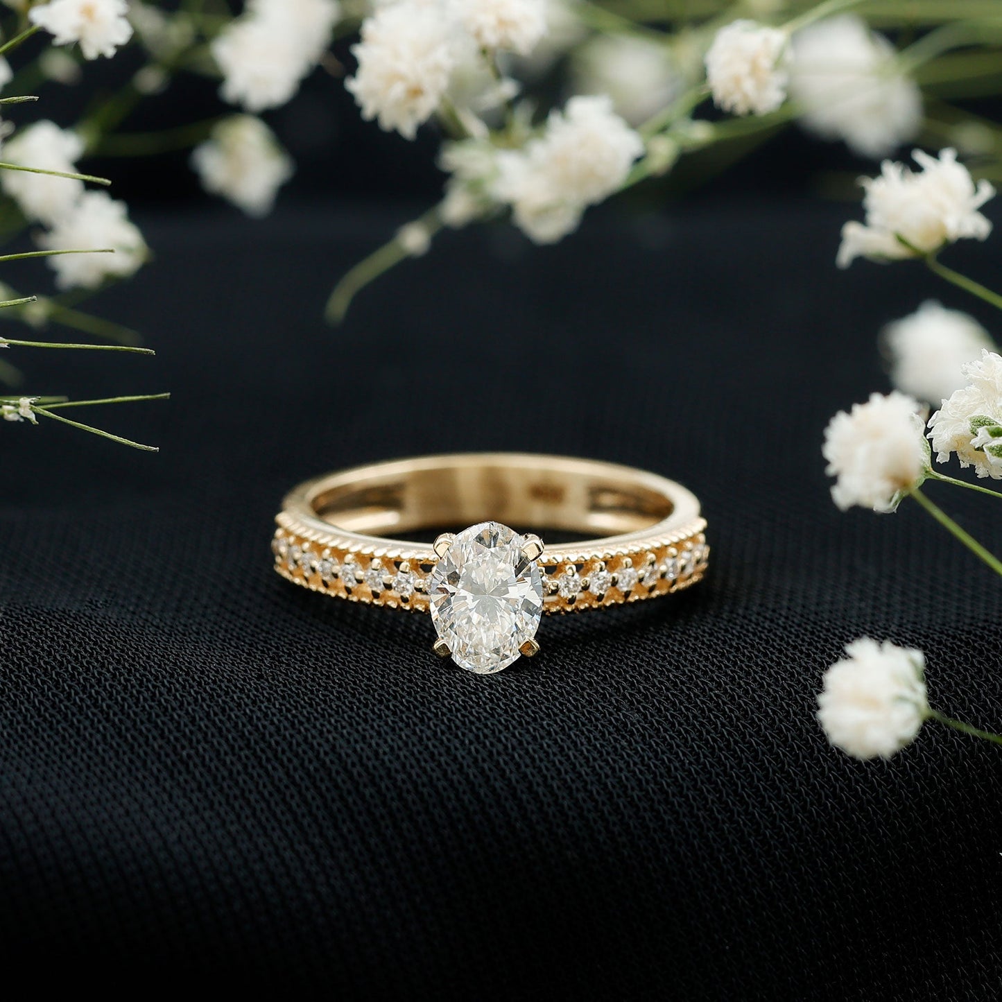 5X7 mm Oval Cut Moissanite Solitaire Beaded Engagement Ring