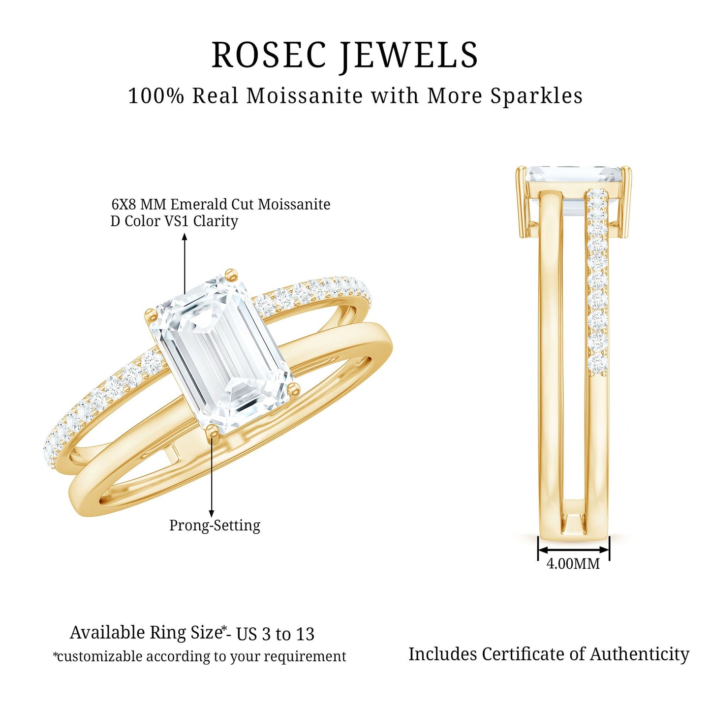 6X8mm Emerald Cut Moissanite Double Band Engagement Ring