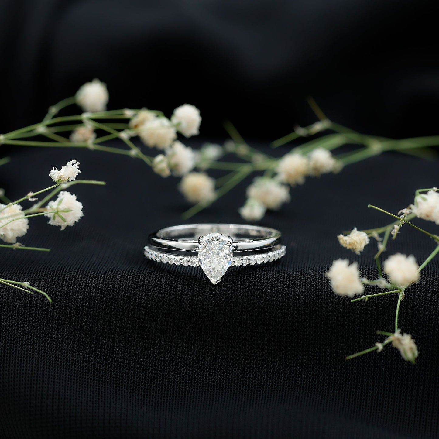 Pear Cut Solitaire Moissanite Double Band Engagement Ring