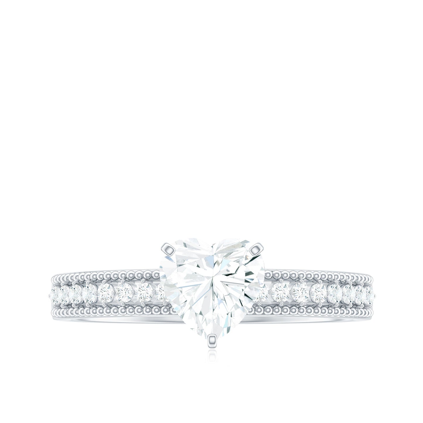 7X7 MM Heart Shape Moissanite Engagement Ring with Side Stones and Beaded Details