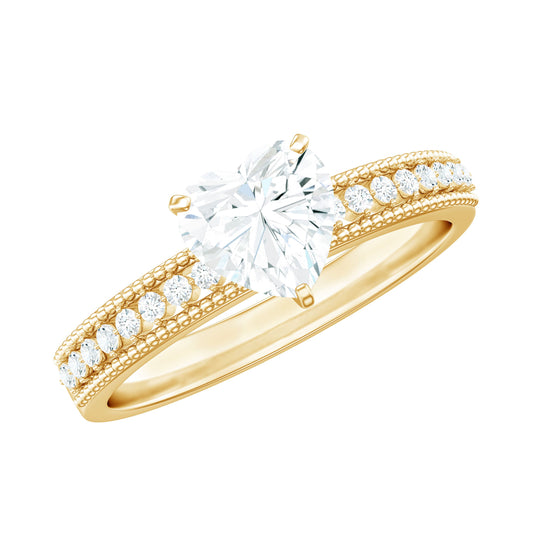 7X7 MM Heart Shape Moissanite Engagement Ring with Side Stones and Beaded Details