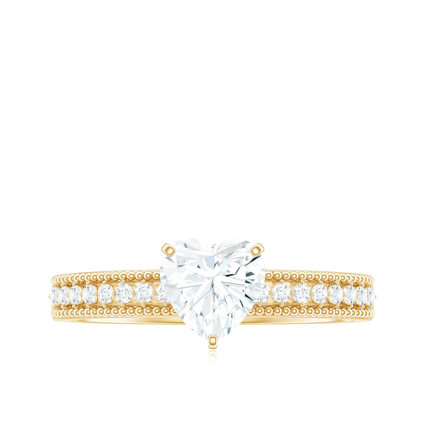 7X7 MM Heart Shape Moissanite Engagement Ring with Side Stones and Beaded Details