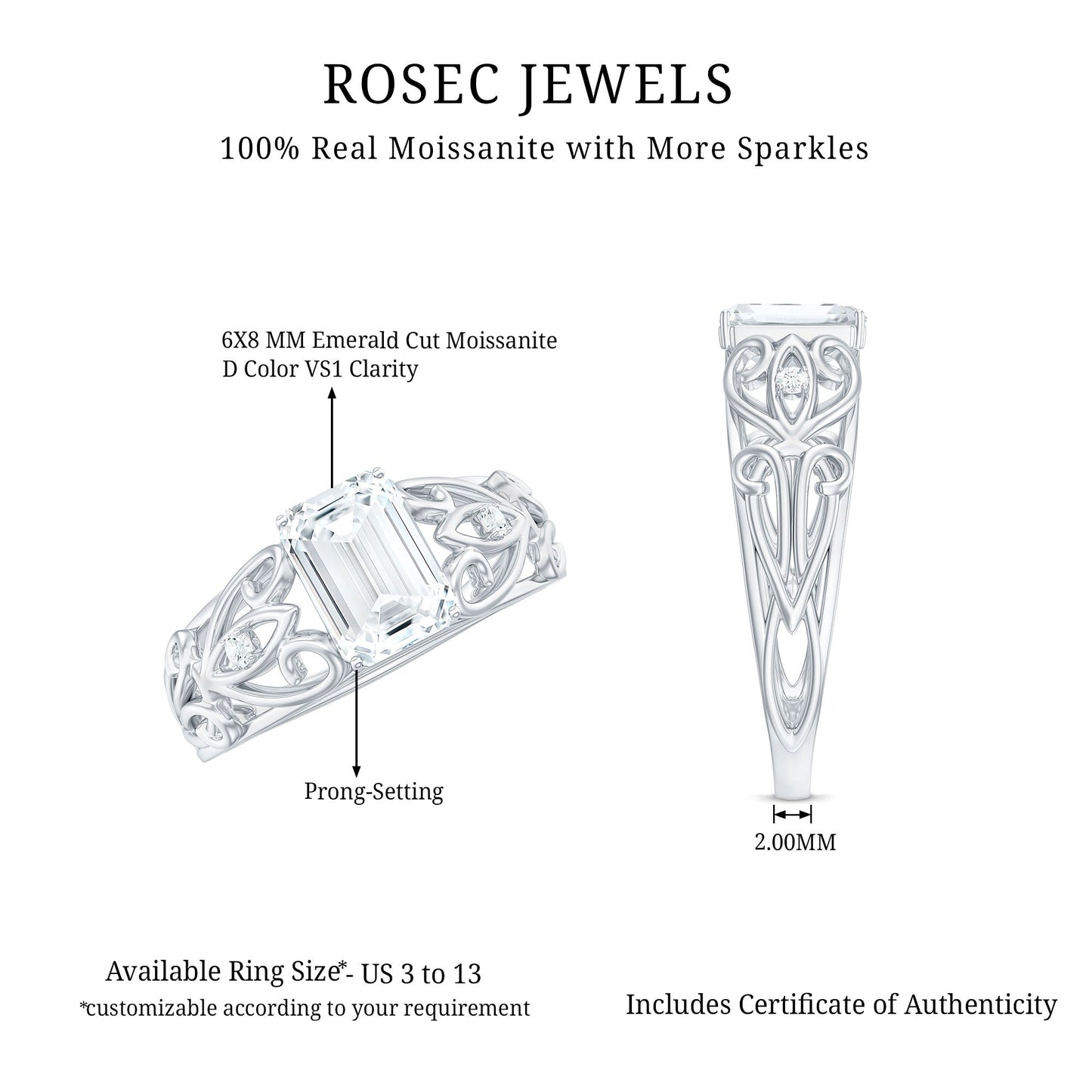 6X8 MM Emerald Cut Moissanite Vintage Inspired Solitaire Ring