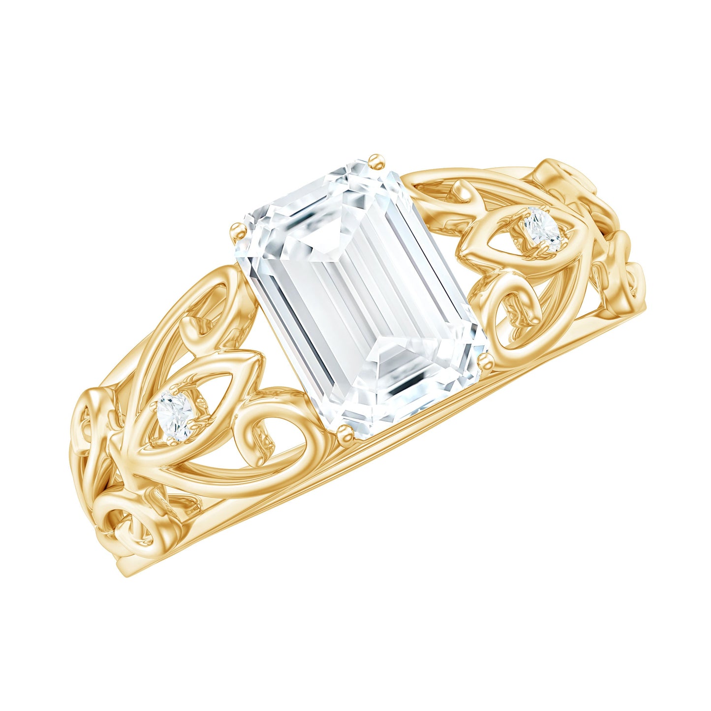 6X8 MM Emerald Cut Moissanite Vintage Inspired Solitaire Ring