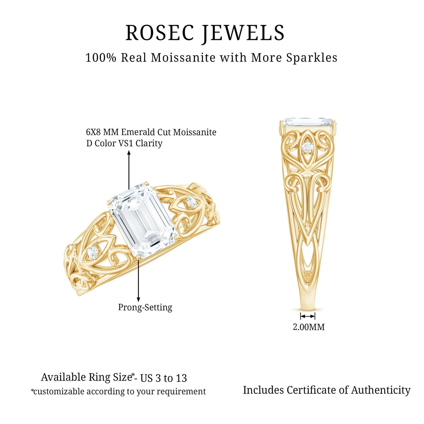 6X8 MM Emerald Cut Moissanite Vintage Inspired Solitaire Ring