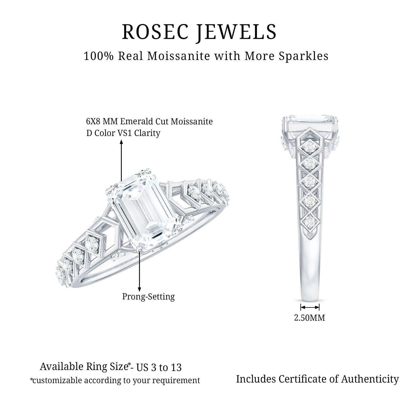 6X8 MM Emerald Cut Moissanite Solitaire Engagement Ring with Side Stones