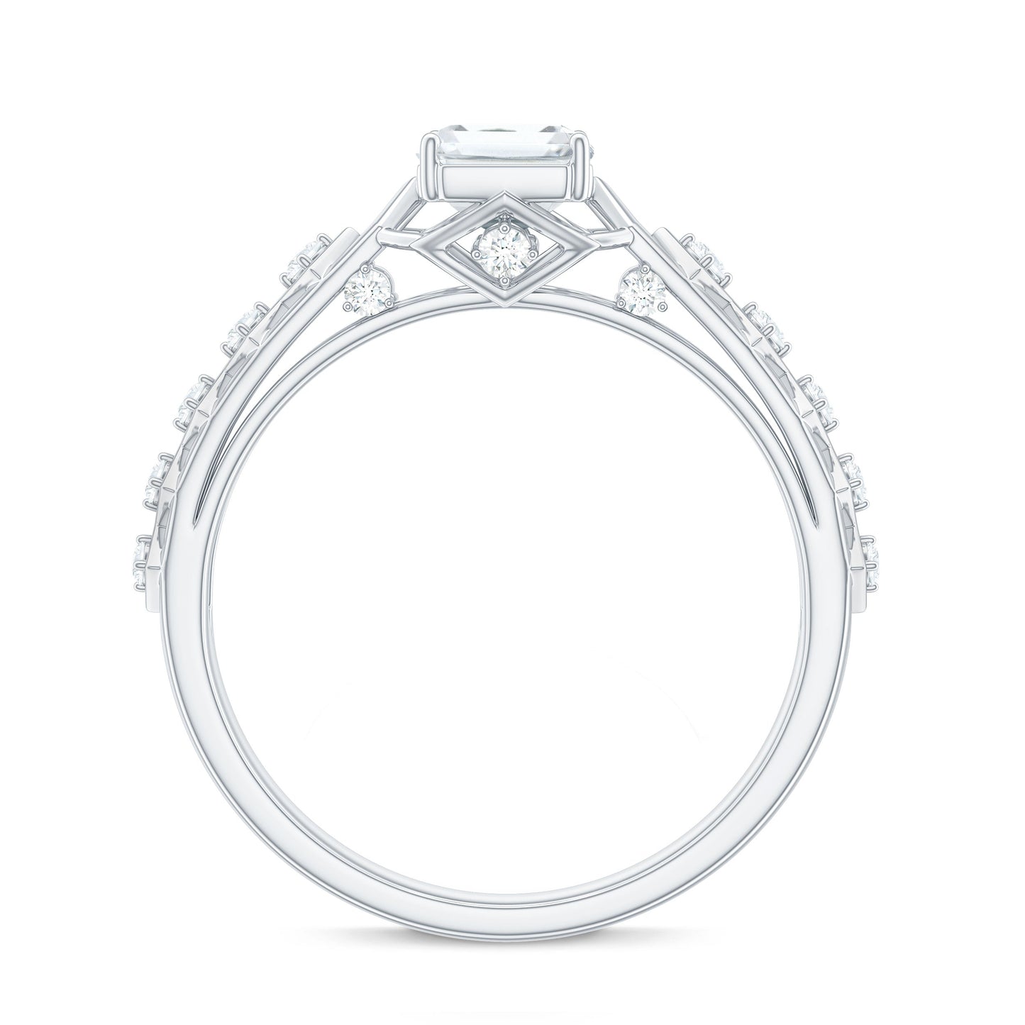 6X8 MM Emerald Cut Moissanite Solitaire Engagement Ring with Side Stones